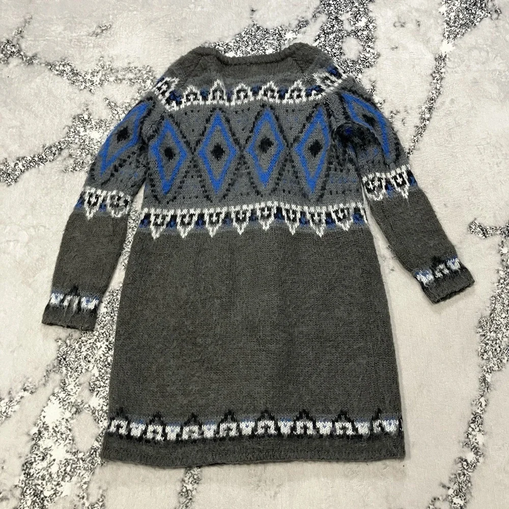 Free People Fair Isle Sweater Dress‎ Womens Size Medium Gray Blue Boho Knit